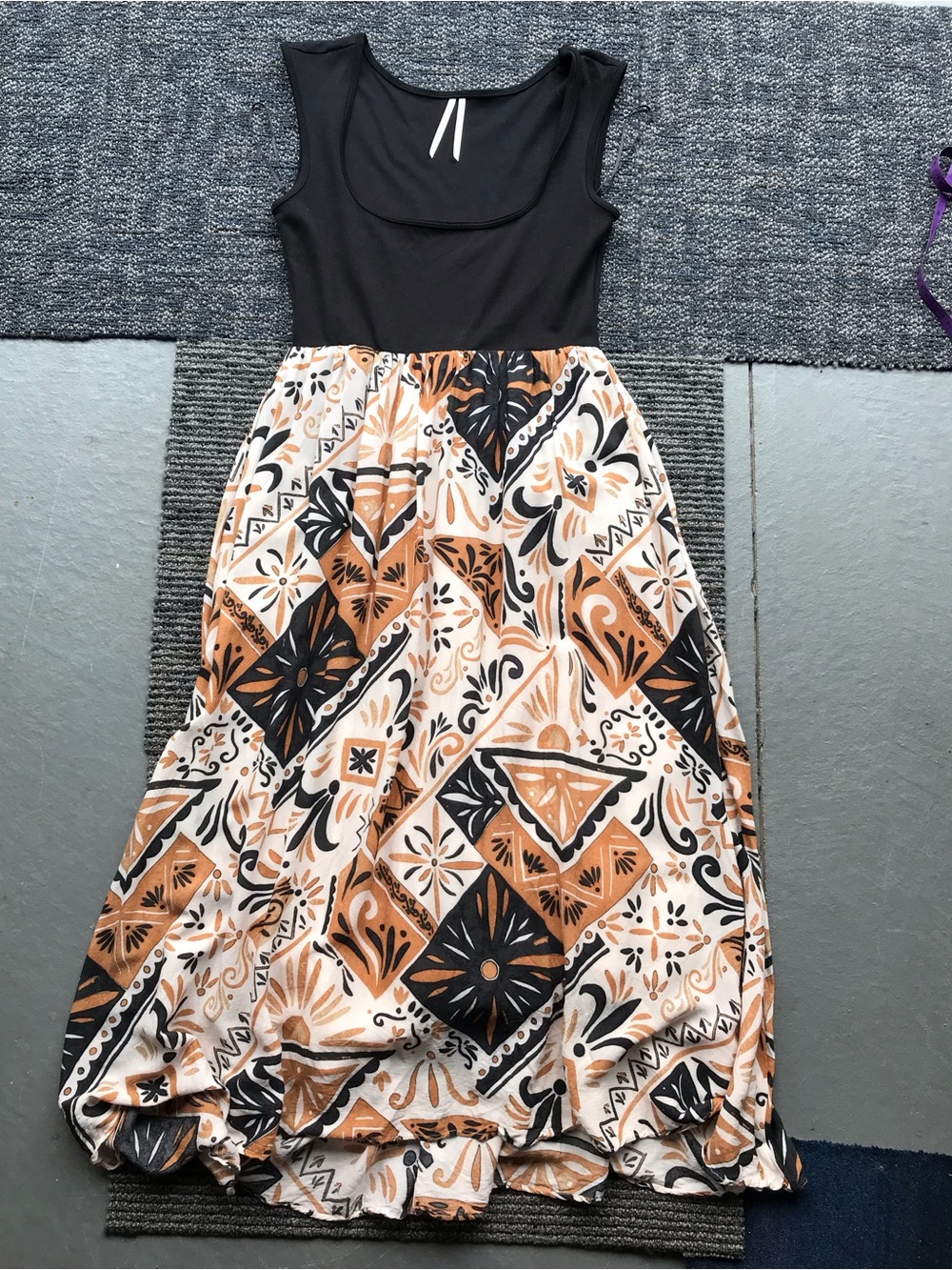 Anthropologie Black Bodice Maxi Dress with Tan & Cream Printed Skirt